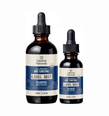 One 120mL bottle and one 30mL bottle of Lazarus Naturals High Potency Oil, on a clear background