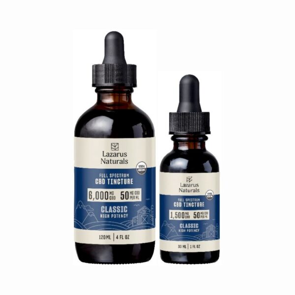 One 120mL bottle and one 30mL bottle of Lazarus Naturals High Potency Oil, on a clear background