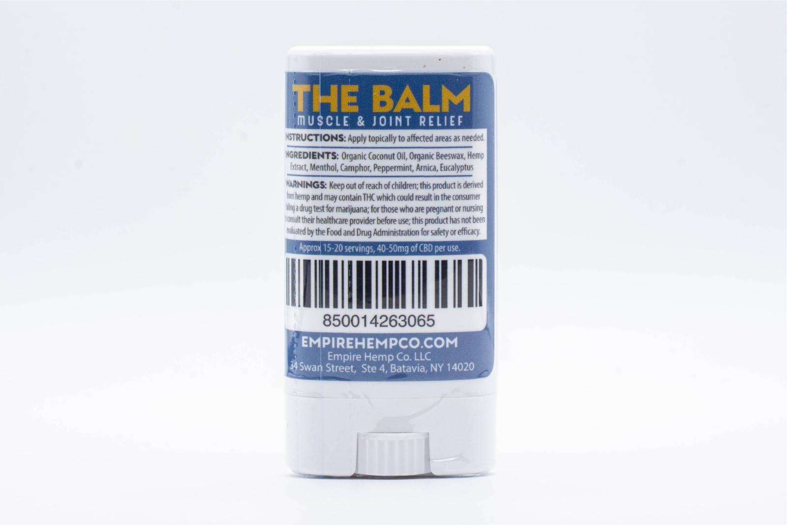 The back of a container of CBD Topical called The Balm from Empire Hemp Co.