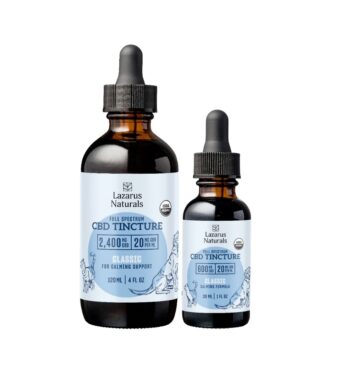 One 120mL tincture and one 30mL tincture of Lazarus Naturals Pet CBD Tincture on a white background
