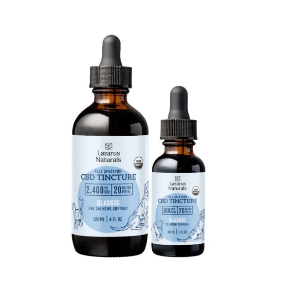 One 120mL tincture and one 30mL tincture of Lazarus Naturals Pet CBD Tincture on a white background