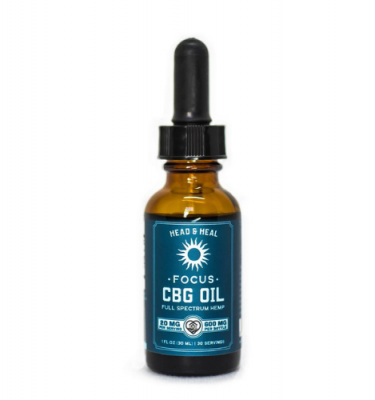A 30ml bottle of CBG oil from Head and Heal, on a white background.