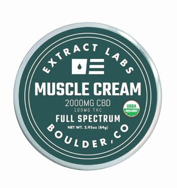 A container of Extract Labs CBD Muscle Cream, on a clear background