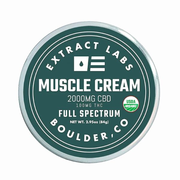 A container of Extract Labs CBD Muscle Cream, on a clear background