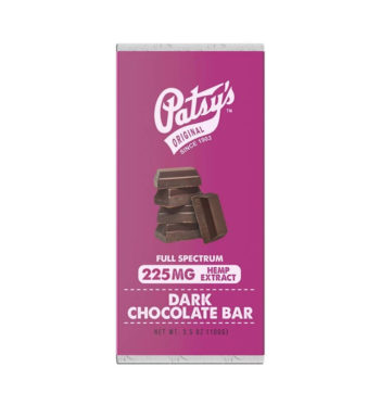 One Patsy's dark chocolate bar 225mg CBD on a white background