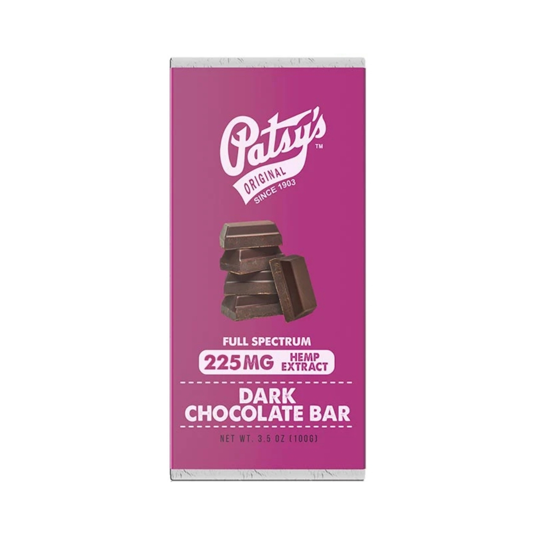 One Patsy's dark chocolate bar 225mg CBD on a white background
