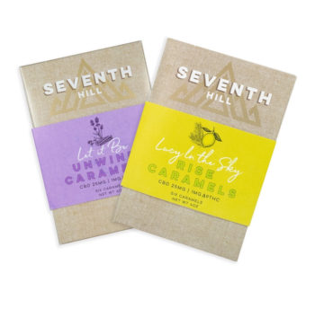 Two boxes of Seventh Hill CBD's 6 pack CBD caramels on a clear background