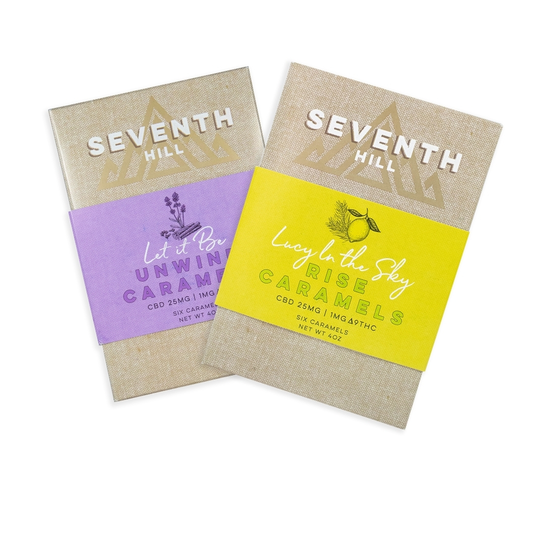 Two boxes of Seventh Hill CBD's 6 pack CBD caramels on a clear background