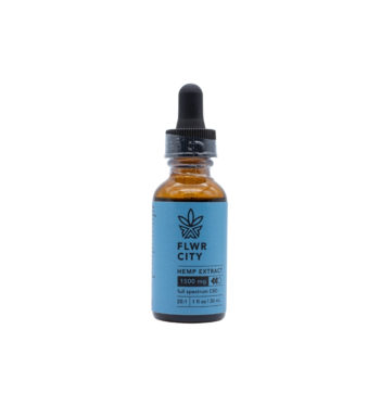A 1500mg CBD tincture by FLWR CITY on a white background