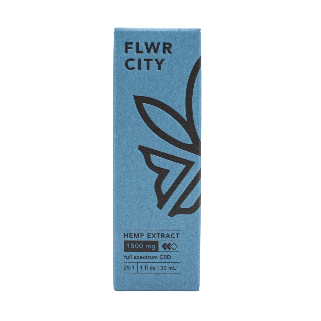 A 1500mg CBD tincture in its packaging by FLWR CITY on a white background