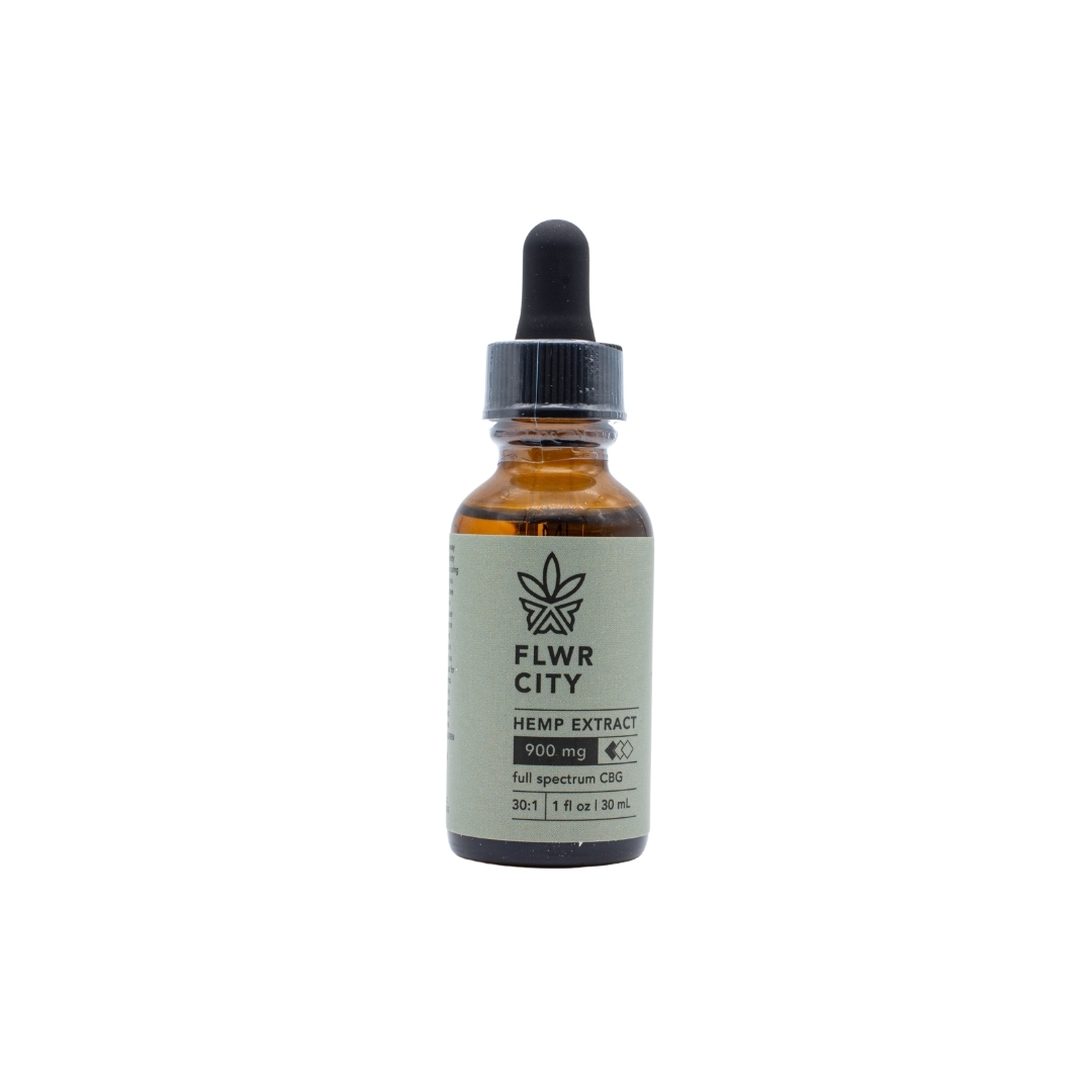 A 900mg CBG tincture by FLWR CITY on a white background