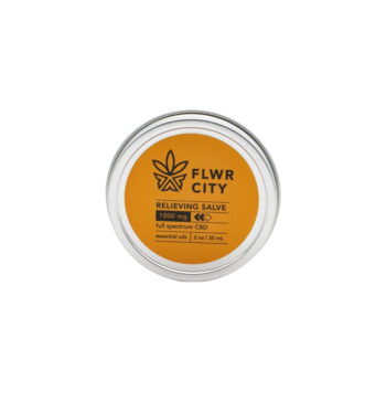 A tin of FLWR CITY CBD Relieving Salve on a white background