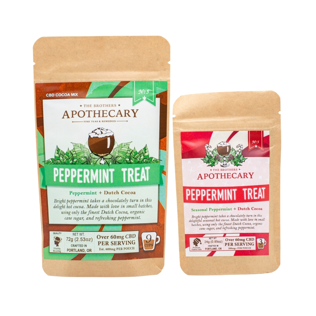Two packets of The Brothers Apothecary's Peppermint Treat CBD Cocoa mix, one large and one small, on a white background