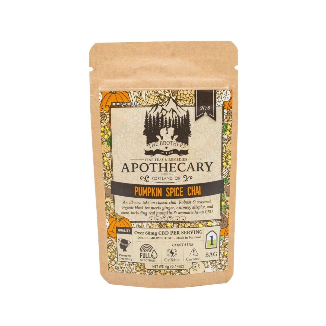 A large packet of The Brothers Apothecary's Pumpkin Spice Chai Tea on a white background
