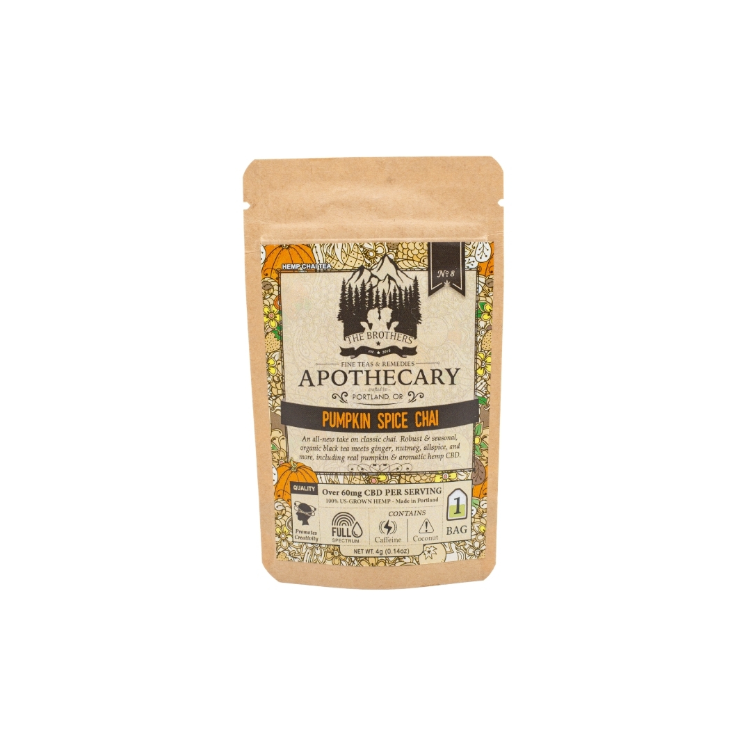A small packet of The Brothers Apothecary's Pumpkin Spice Chai Tea on a white background