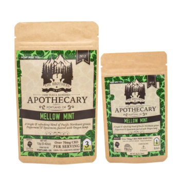 Two packets of The Brothers Apothecary's Mellow Mint tea, one large and one small, on a white background