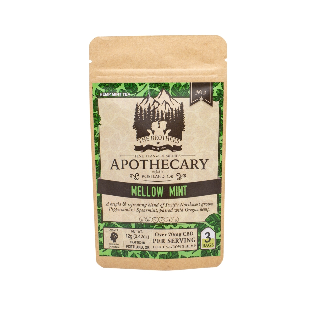 A large packet of The Brothers Apothecary's Mellow Mint Tea on a white background