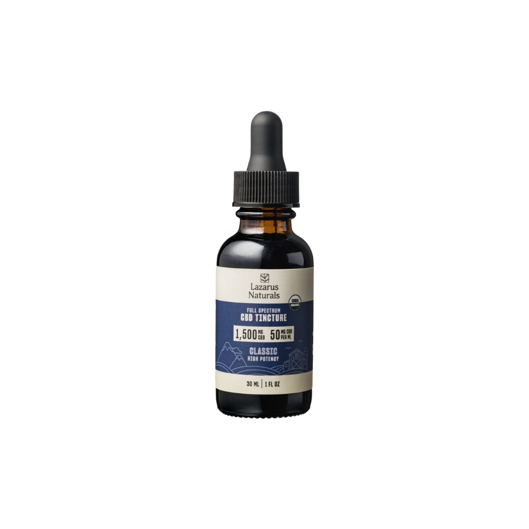 One tincture of Lazarus Naturals high potency on a clear background