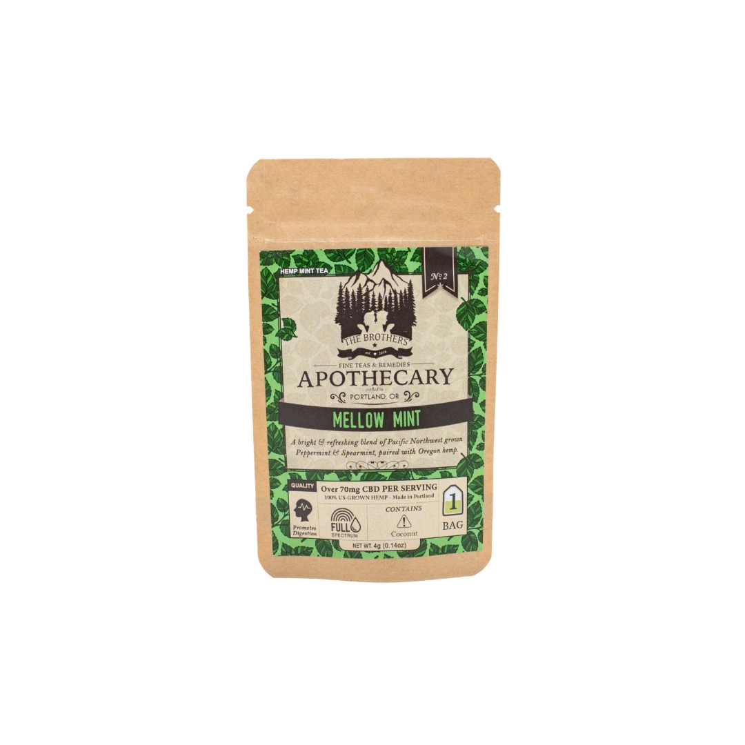 A small packet of The Brothers Apothecary's Mellow Mint Tea on a white background