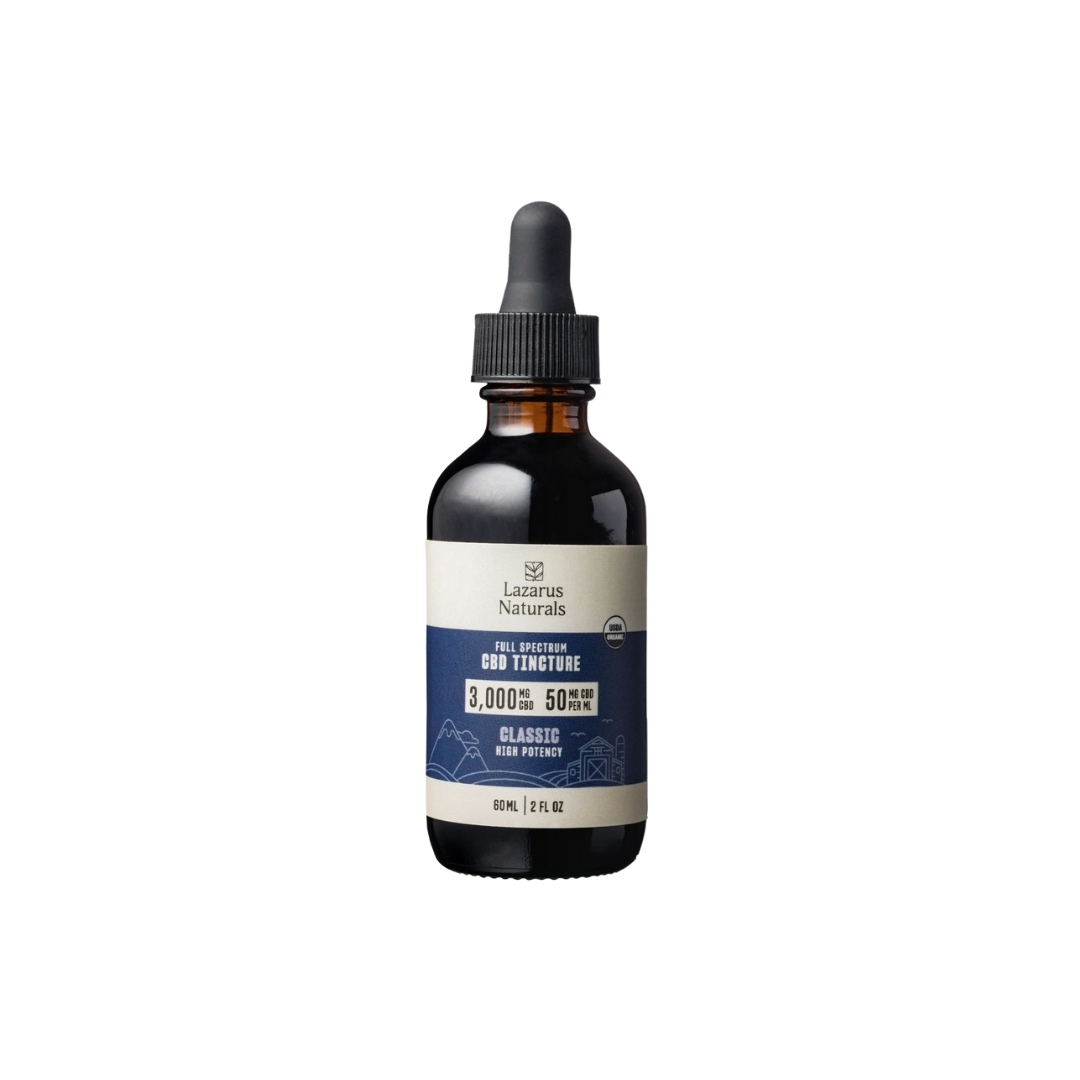 One tincture of Lazarus Naturals high potency CBD oil on a clear background