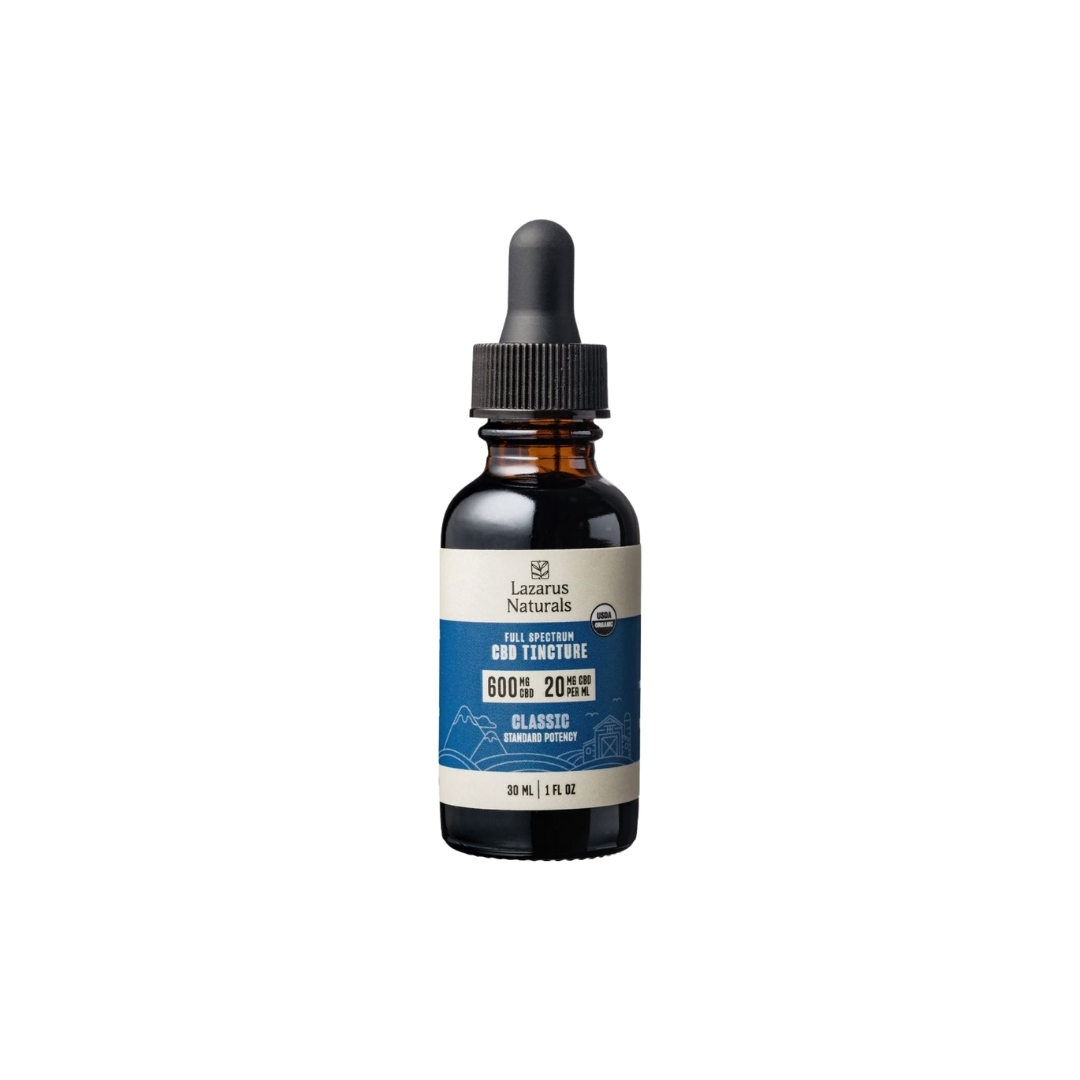 One tincture of Lazarus Naturals standard potency CBD oil on a clear background