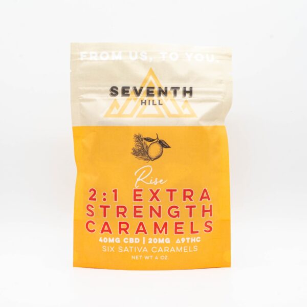 A 6-pack of Rise 2:1 Extra Strength Caramels, on a white background