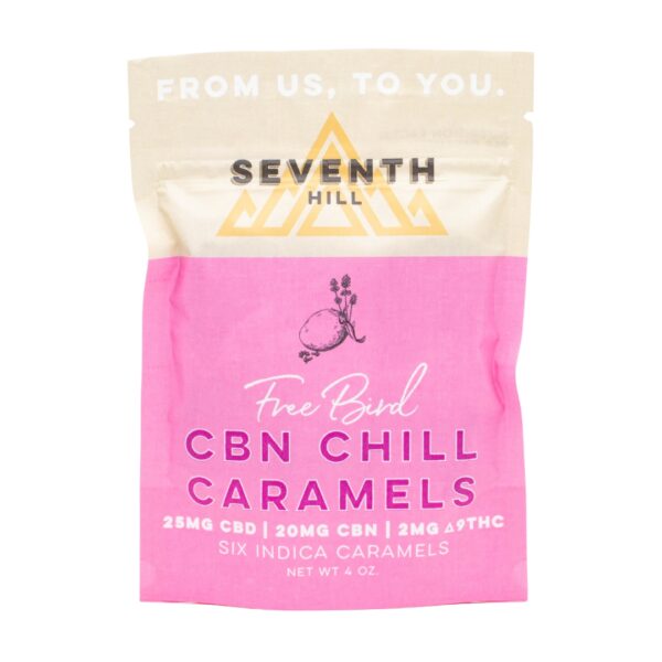 A 6-pack of Seventh Hill CBD's CBN Chill Caramels, on a white background