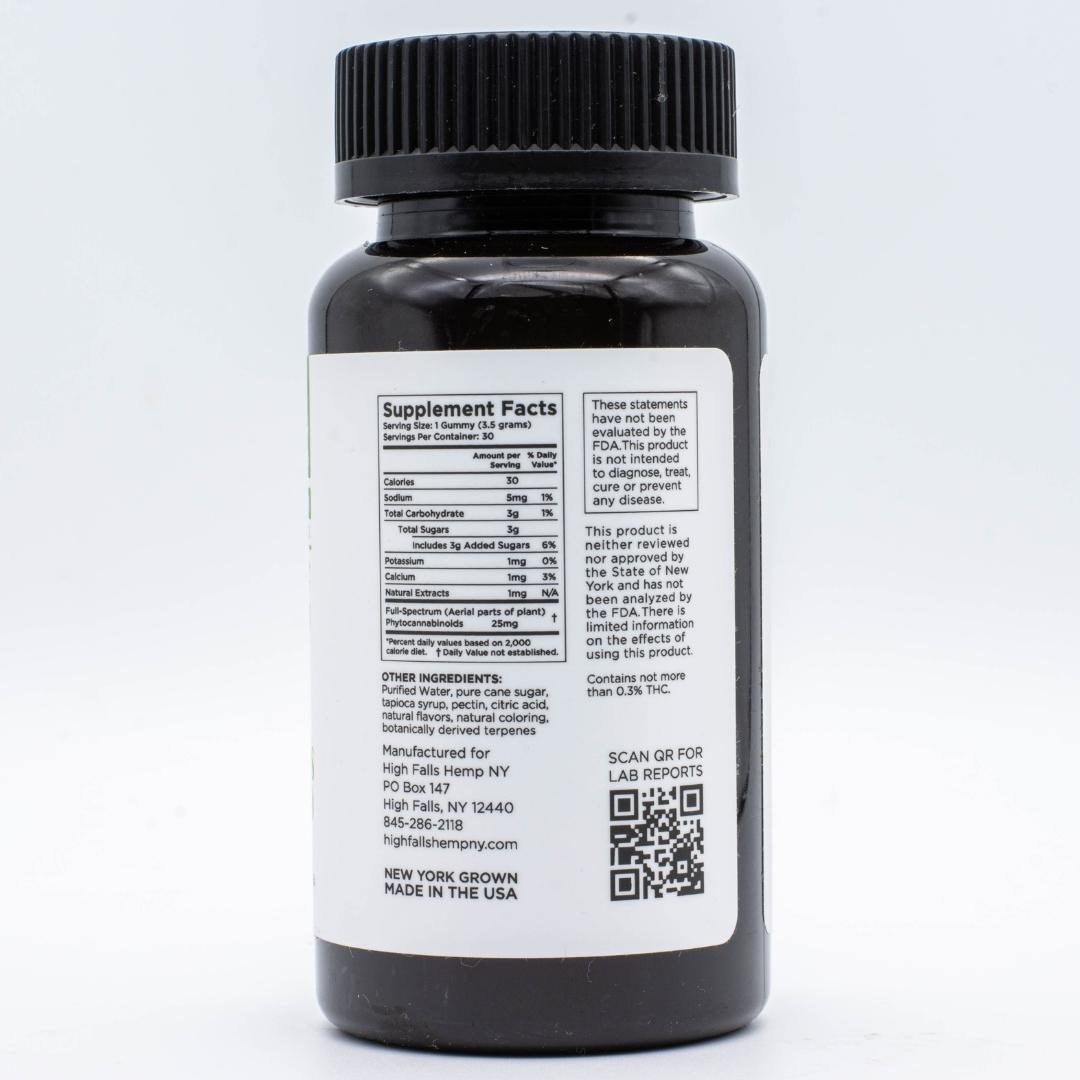 The product information, located on the back of a container of High Falls Hemp Focus / Empower CBD gummies on a white background