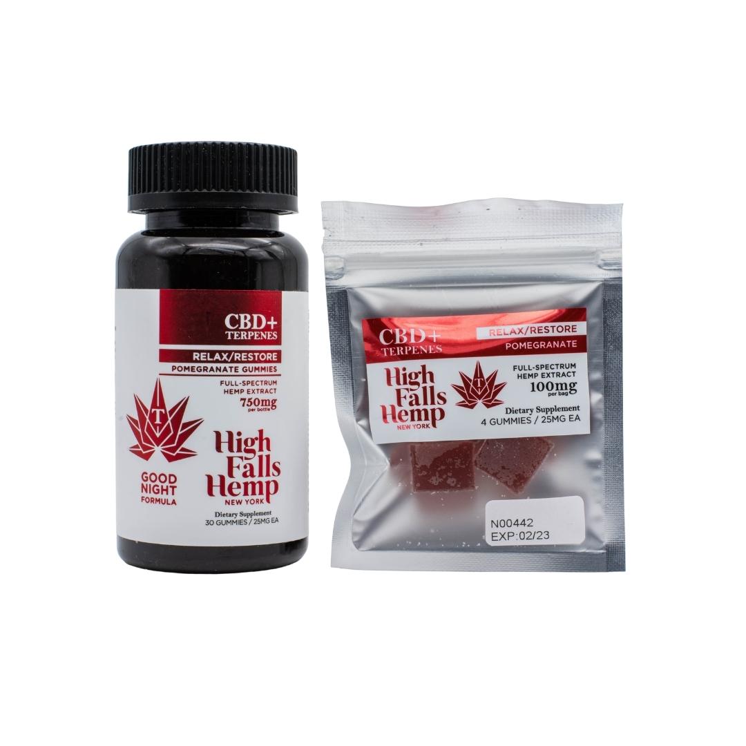 One container and one packet of High Falls Hemp Relax / Restore CBD gummies on a clear background