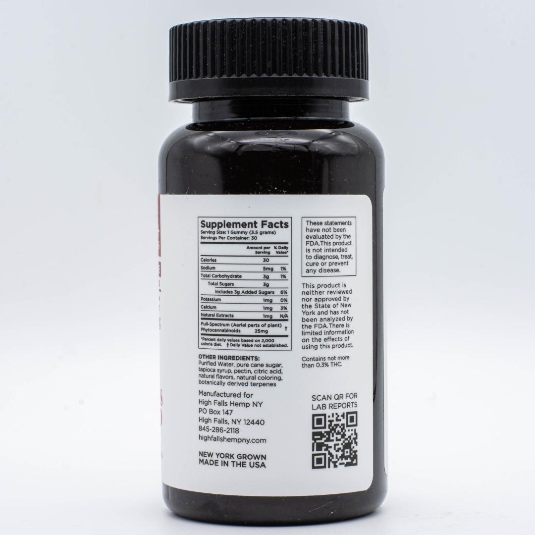 The product information, located on the back of a container of High Falls Hemp Relax / Restore CBD gummies on a white background