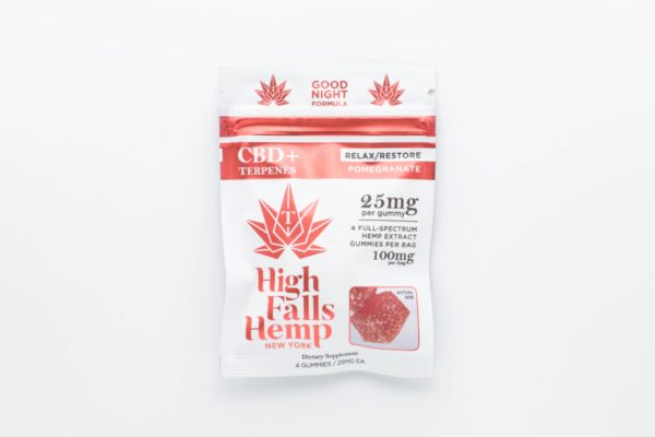 A packet of High Falls Hemp Relax / Restore CBD gummies on a white background