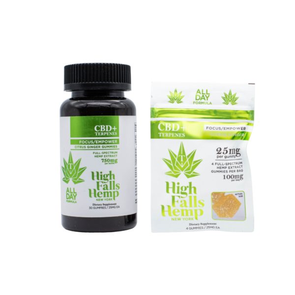 One container and one packet of High Falls Hemp Rise / Empower gummies on a clear background