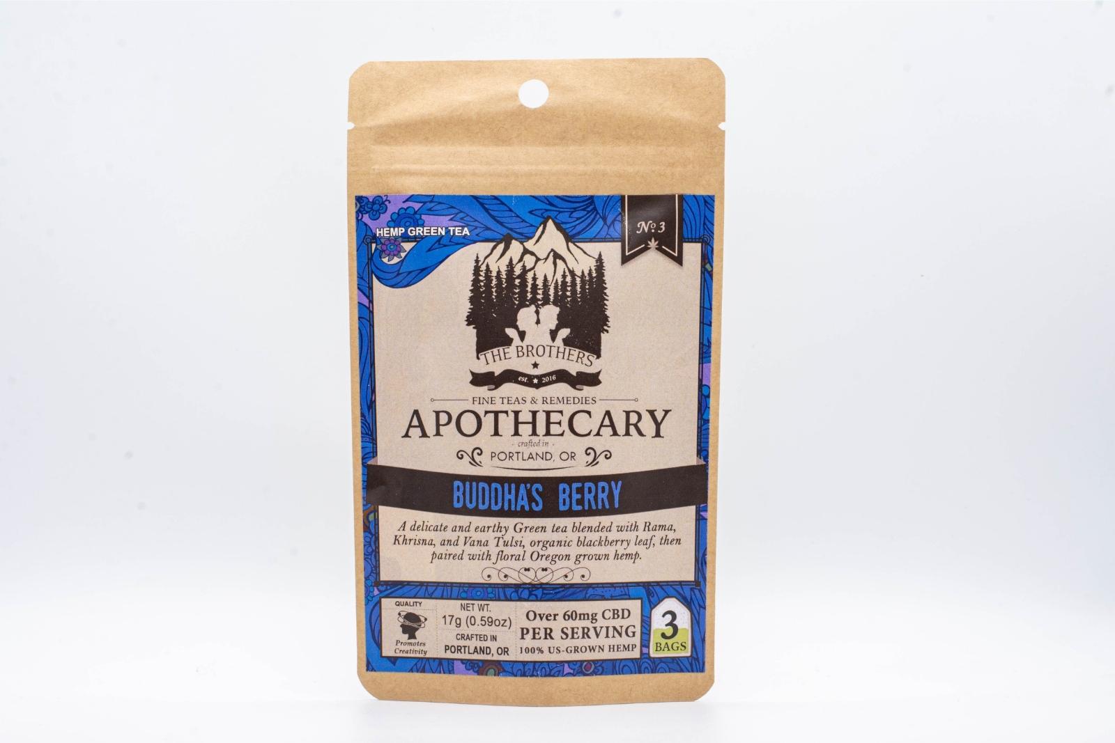 A large packet of The Brothers Apothecary's Buddha's Berry Tea on a white background