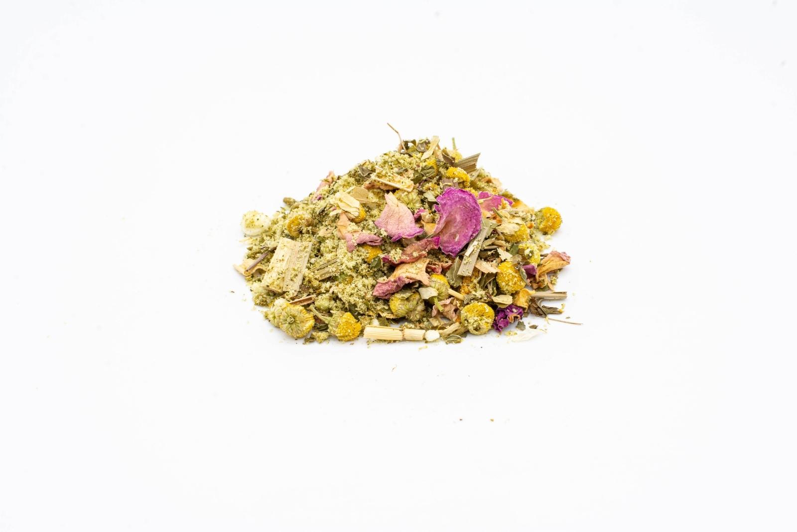 A pile of loose Golden Dream tea by The Brothers Apothecary on a white background