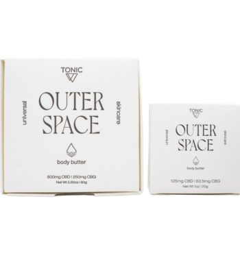 One large box and one small box of Tonic's Outer Space CBD + CBG body butter, on a clear background
