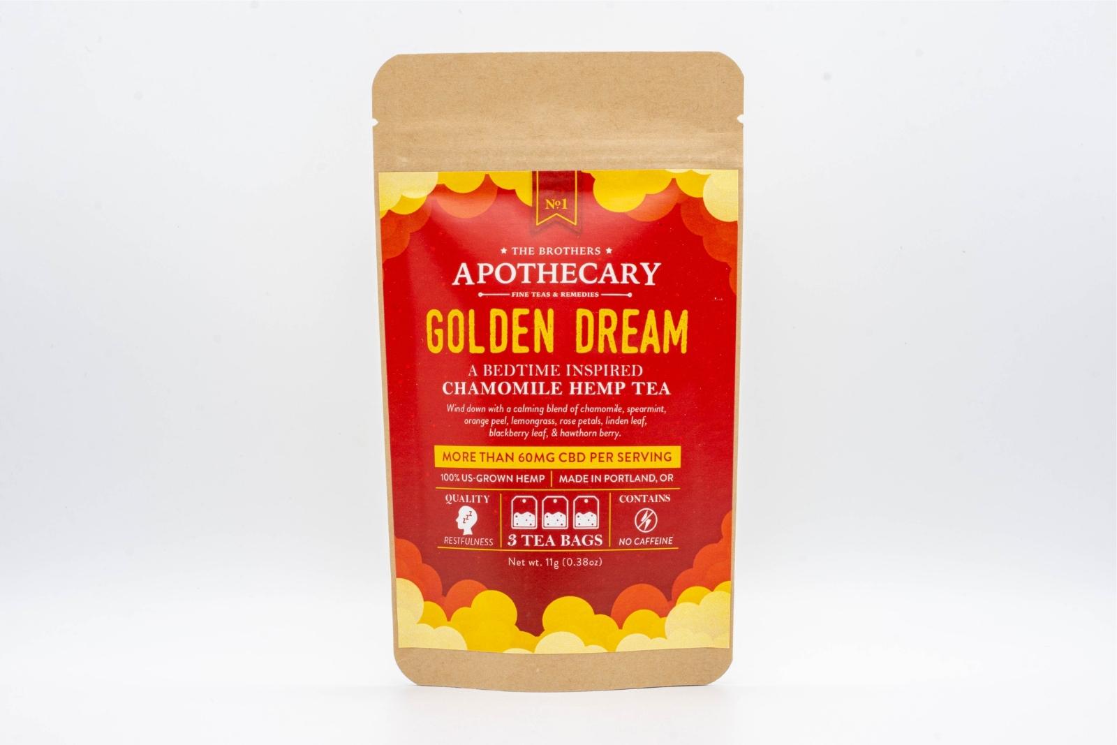 A large packet of The Brothers Apothecary's Golden Dream Tea on a white background