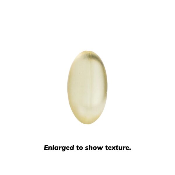 A single Lazarus Naturals CBD Soft Gel capsule on a white background. Enlarged to show texture of soft gel.