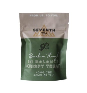 A single package containing a 1:1 Balance Krispy Treat by Seventh Hill CBD