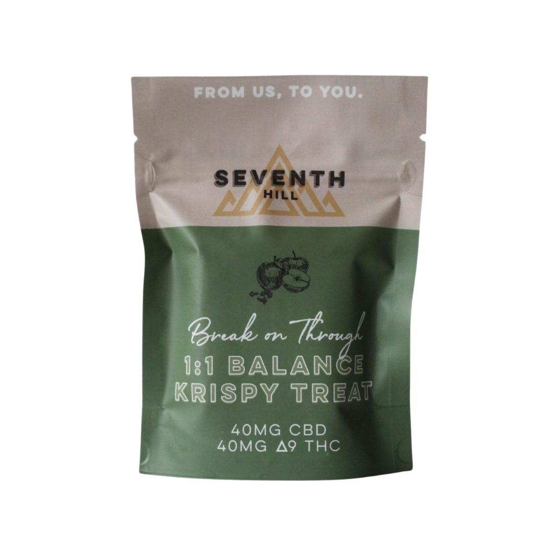 A single package containing a 1:1 Balance Krispy Treat by Seventh Hill CBD