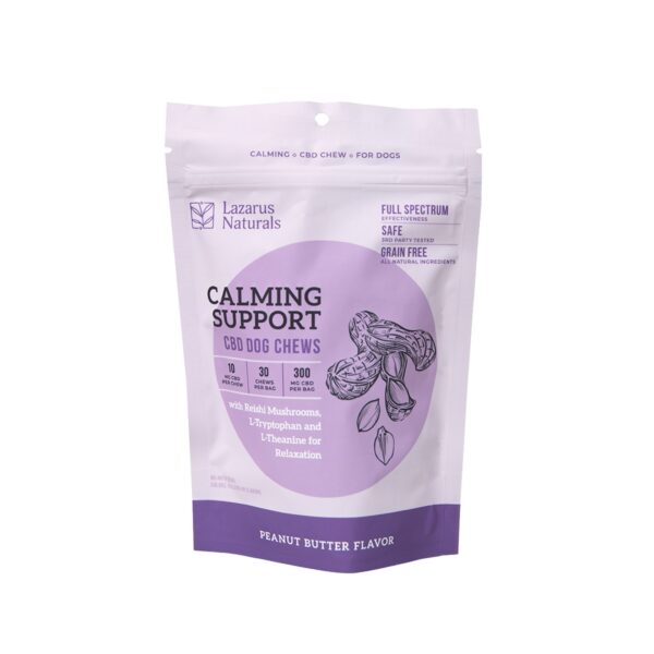 A bag of Calm + Vitality CBD Dog Treats by Lazarus Naturals on a white background.