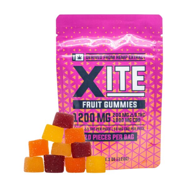 A stack of XITE 5:1 Fruit Gummies, next to its package, on a clear background