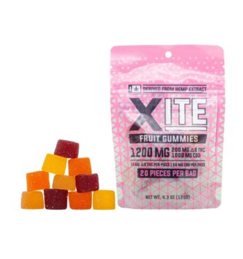 A 20-count bag of XITE 5:1 Delta-9 Fruit Gummies, next to a stack of the gummies, on a clear background