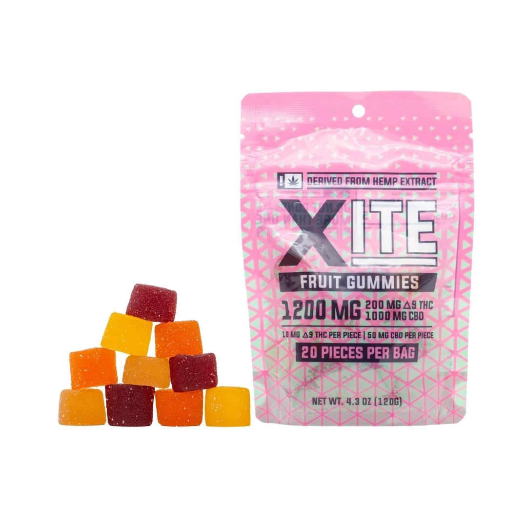 A 20-count bag of XITE 5:1 Delta-9 Fruit Gummies, next to a stack of the gummies, on a clear background