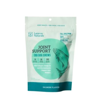 A 30-count bag of Salmon Flavored Joint Support CBD dog treats, made by Lazarus Naturals
