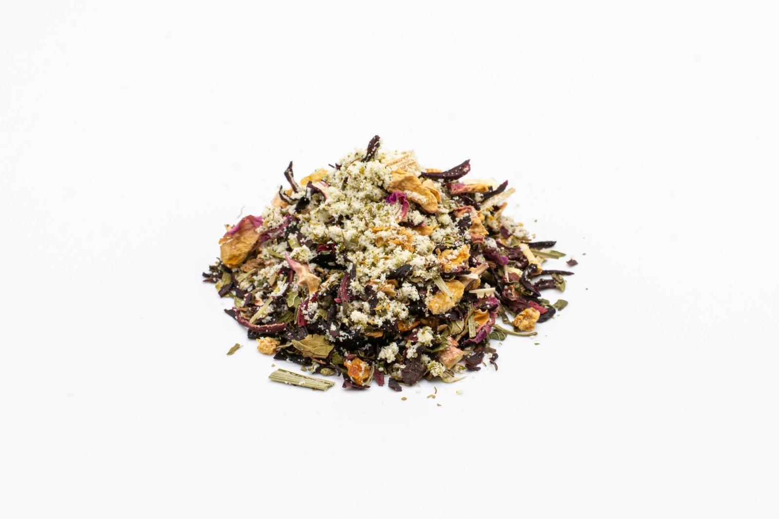 A pile of loose Highbiscus tea by The Brothers Apothecary on a white background