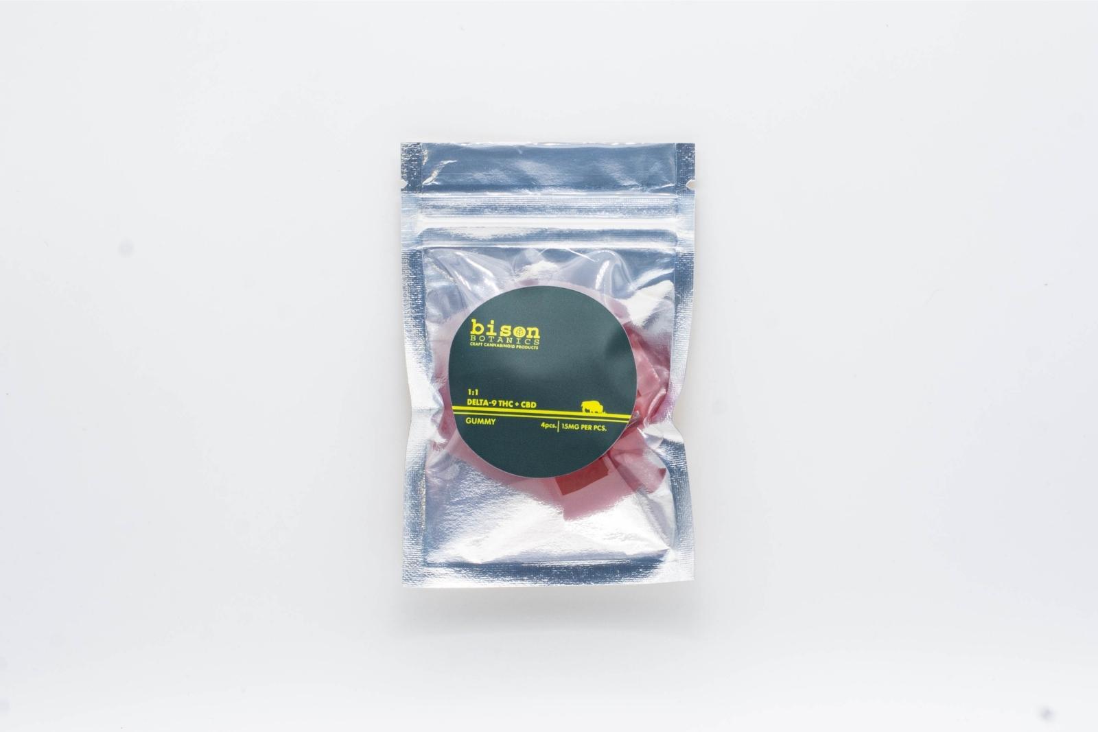 A 4-pack bag of 1:1 Delta-9 THC gummies by Bison Botanics, on a white background