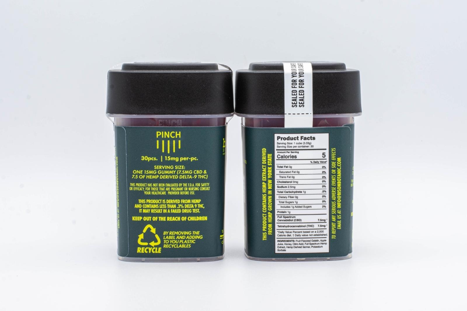 The product facts on a container of 1:1 Delta-9 THC gummies by Bison Botanics, on a white background