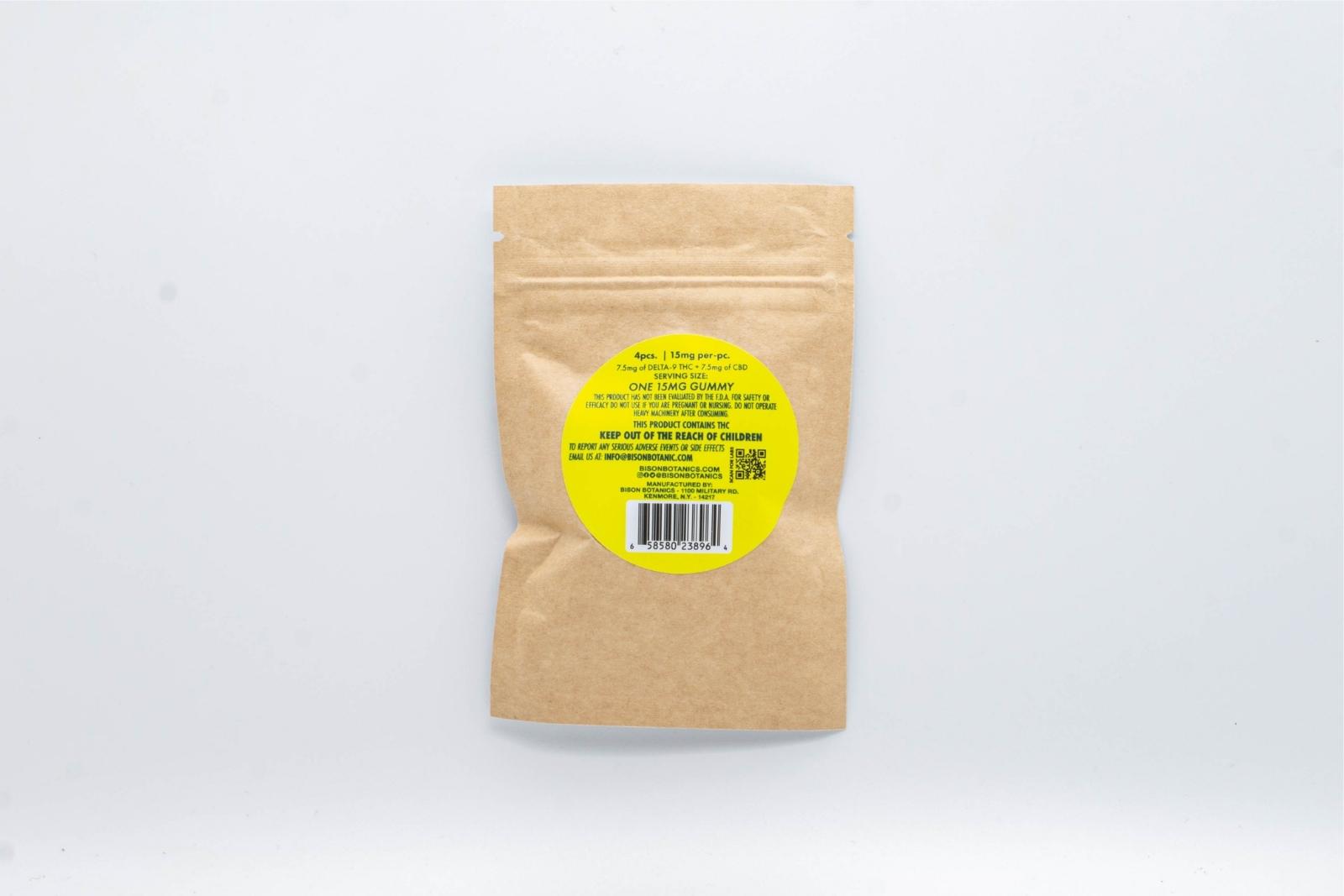 bag of 1:1 Delta-9 THC gummies by Bison Botanics, on a white background