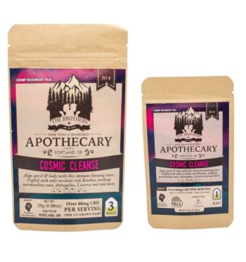Two packets of The Brothers Apothecary's Cosmic Cleanse Tea, one large and one small, on a white background