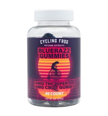 One 40-count BlueRazz THC and CBD gummies by Cycling Frog, on a clear background